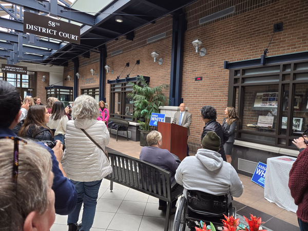 Crowd gathered outside Holland District Court for Anna White judicial campaign announcement